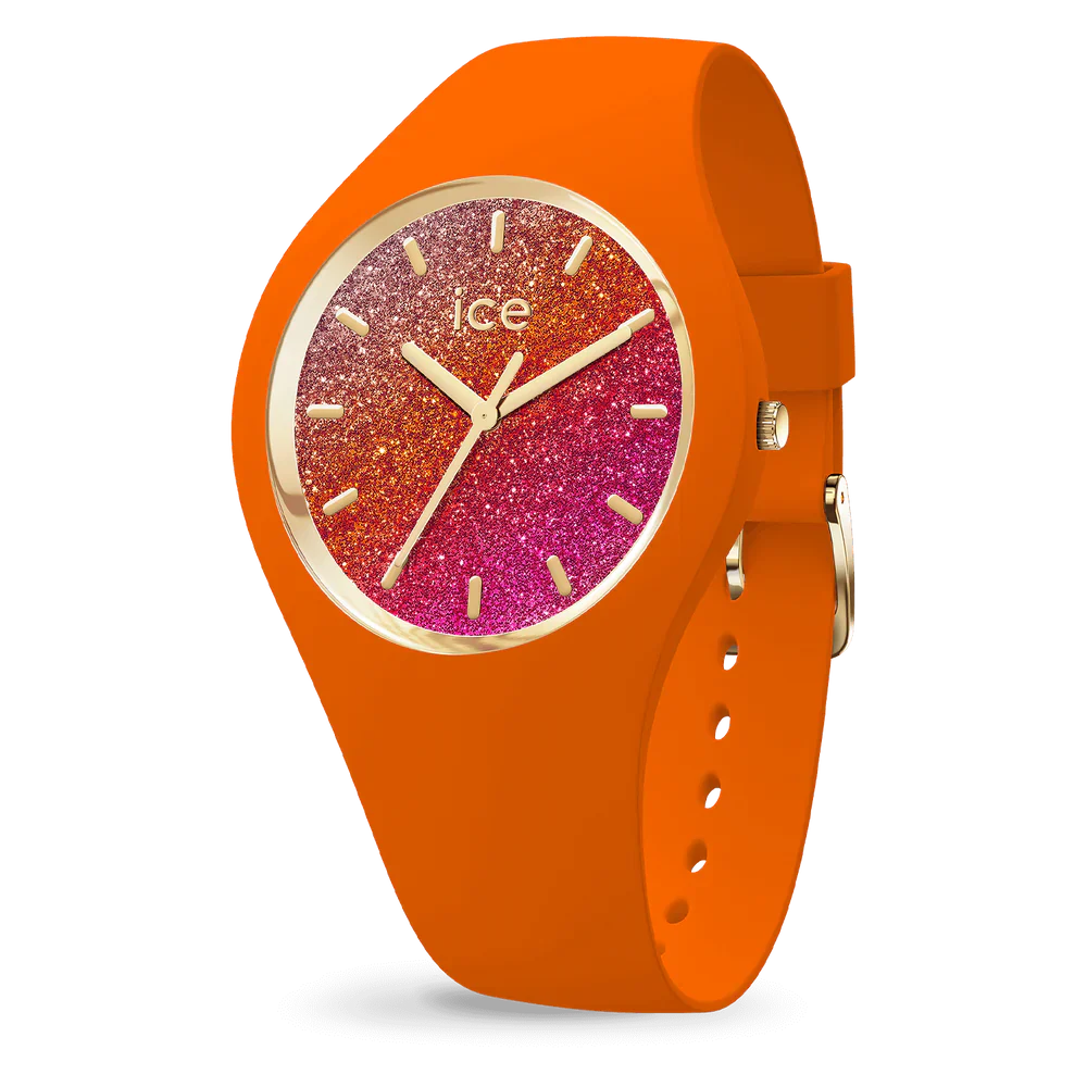 ICE glitter Orange Watch 022574 with vibrant orange strap and glittery fuchsia, pink, and red dial.