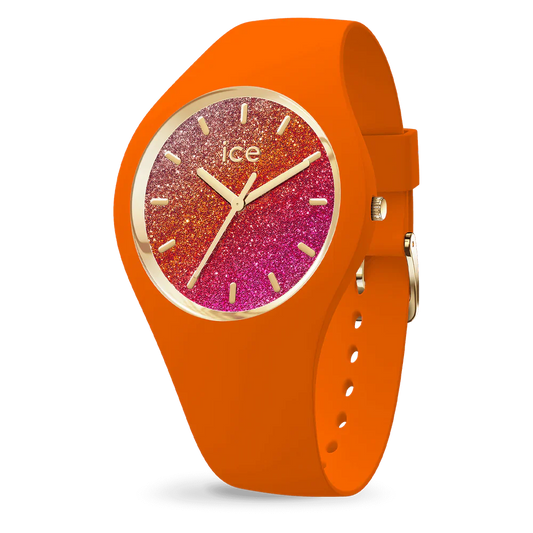 ICE glitter Orange Watch 022574 with vibrant orange strap and glittery fuchsia, pink, and red dial.