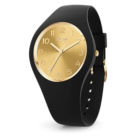 ICE Glam Black Chic watch with black silicone strap and gold dial.
