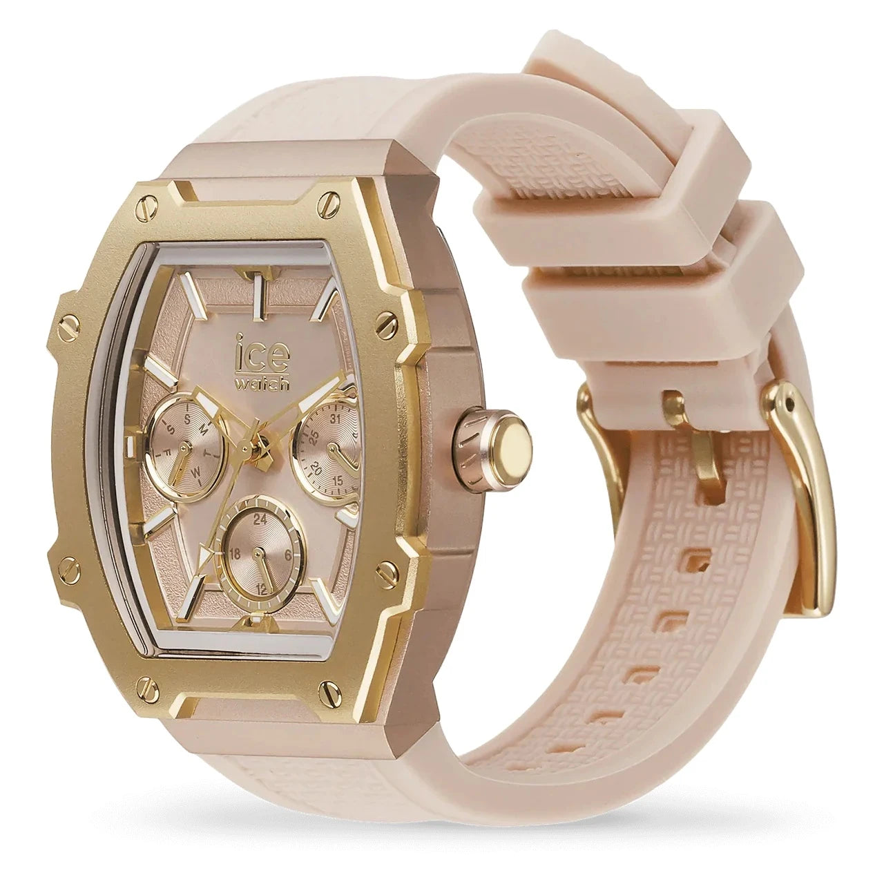 Creamy nude watch with rose gold-plated aluminum case and silicone strap.