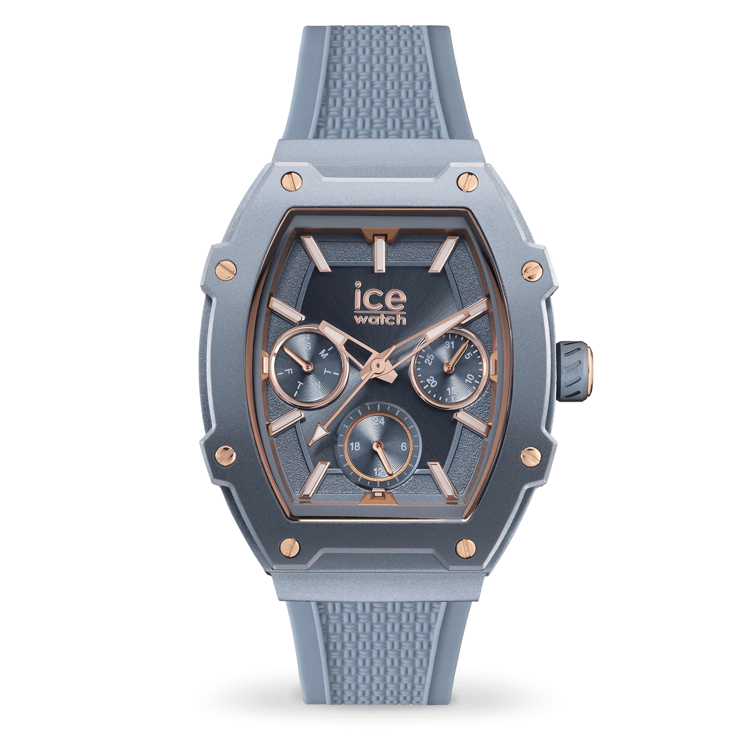 Sophisticated blue ladies watch with rose gold details and silicone strap.