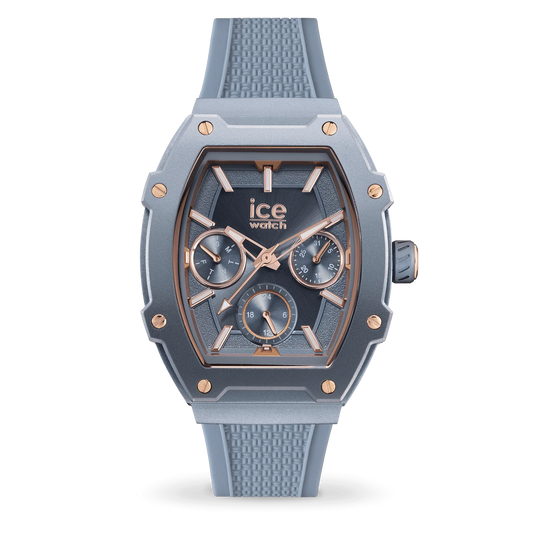 Sophisticated blue ladies watch with rose gold details and silicone strap.