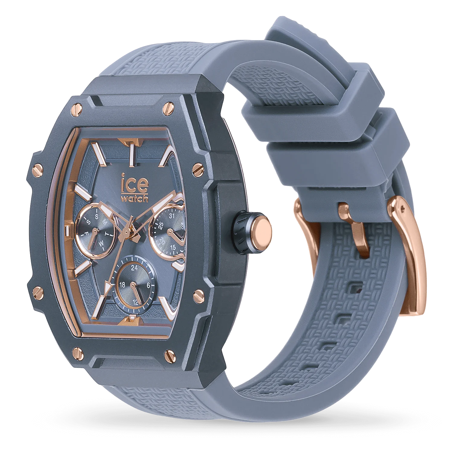 Horizon Blue watch with rose gold-plated case, multifunction Miyota movement, and silicone strap.