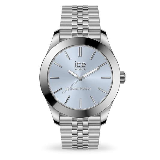 ICE steel Watch solar Silver Light Blue 023789 with sky-blue dial and silver bracelet.