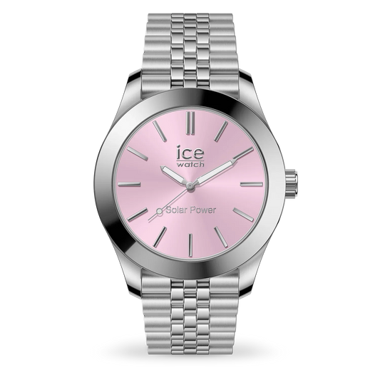 ICE steel solar-powered watch with silver case and bracelet, pink dial, model 023790.