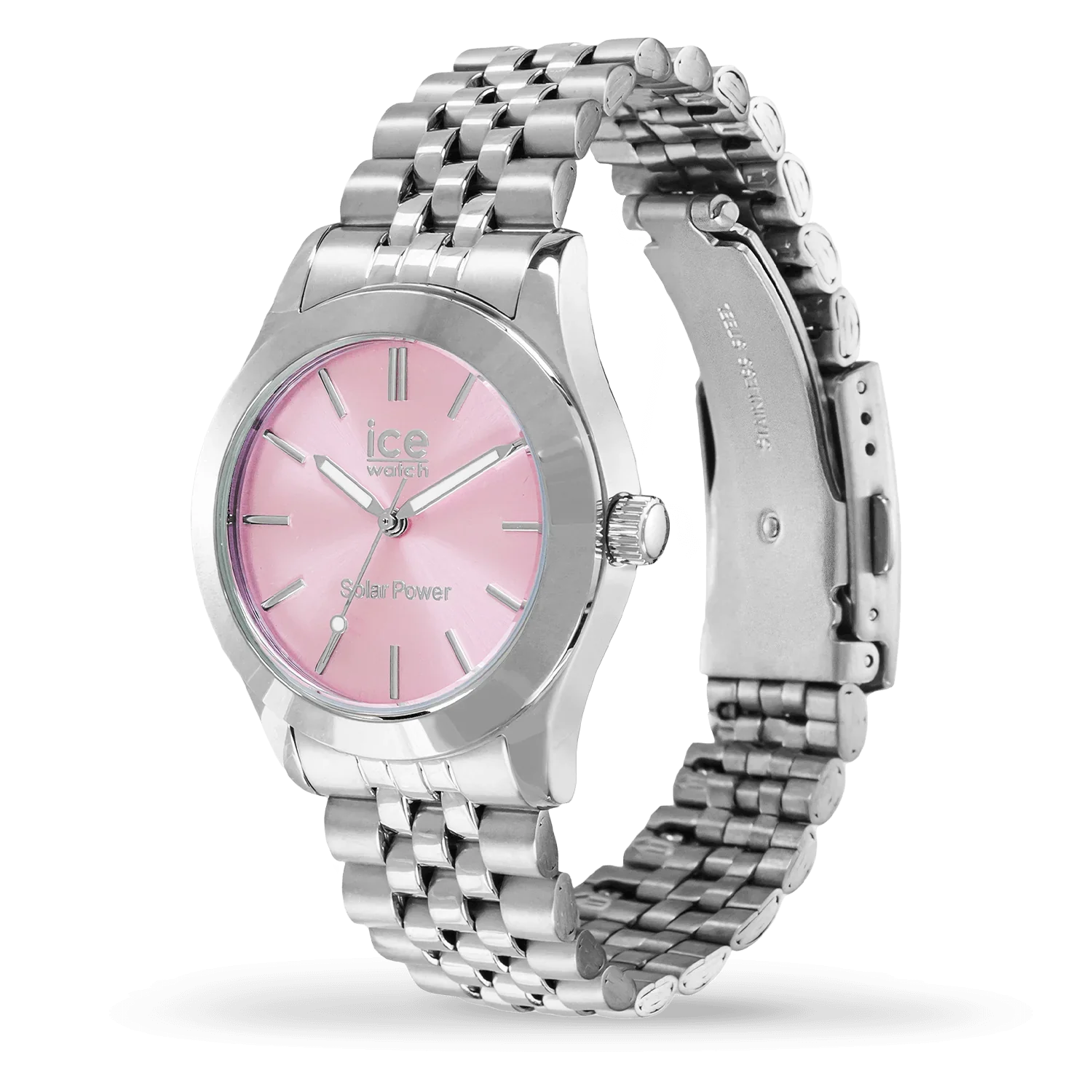 ICE steel Watch solar Silver Light Pink 023790 with pink dial and silver bracelet.