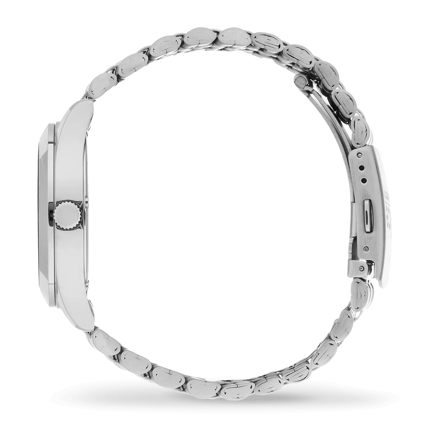 ICE steel solar watch with silver case and bracelet, light pink dial, side view.