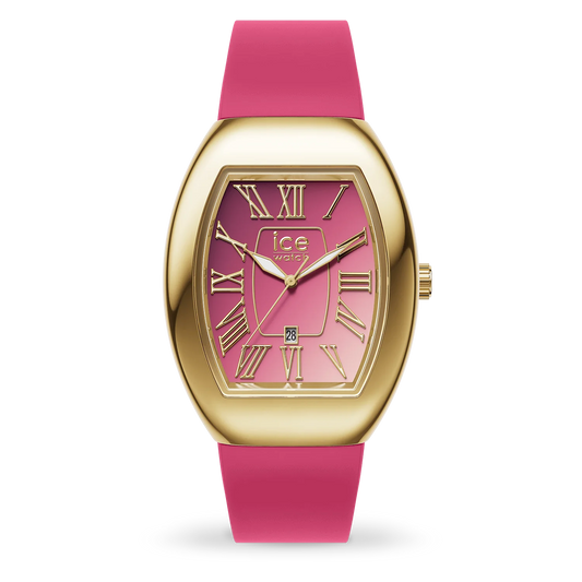 Small pink gold watch with gradient pink dial, gold-tone hands, pink silicone strap; ICE Boliday Dome Ladies 024050.