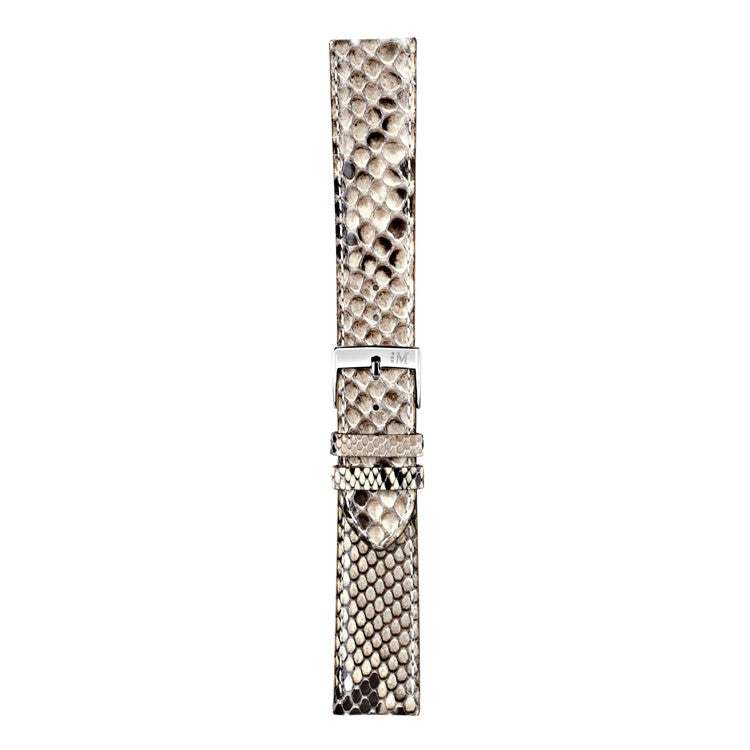 Handmade Italian luxury Morellato Celine polished python watch strap in grey and white tones.