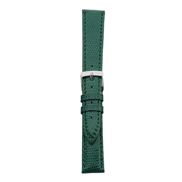 Green lizard leather watch strap with silver buckle, handcrafted for luxury and comfort.