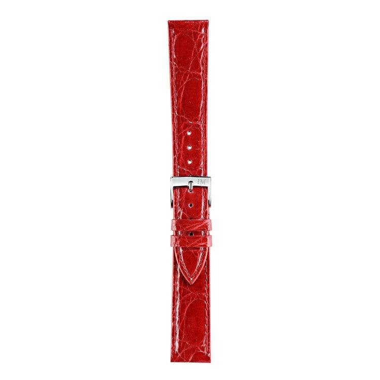 Red crocodile leather watch strap with silver buckle, luxury and comfort design.