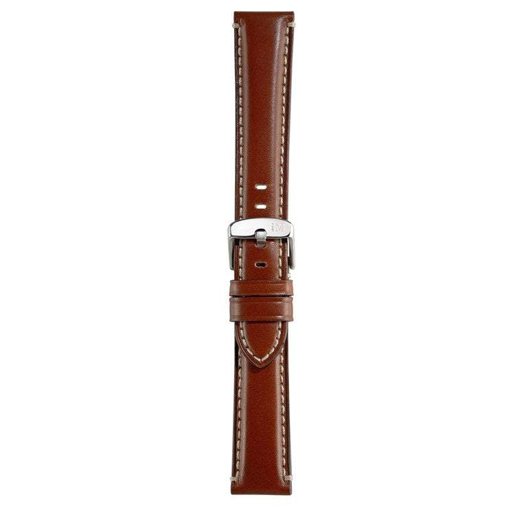 Brown calf leather watch strap with contrast stitching and silver buckle.