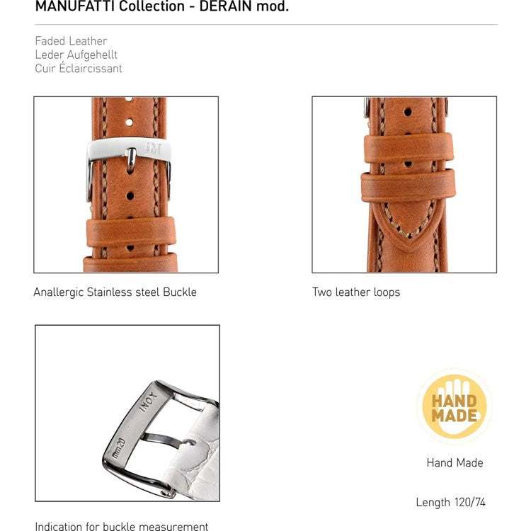 Morellato Derain smooth calfskin leather watch strap with stainless steel buckle and hand-stitched edges.