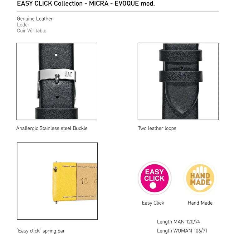 Morellato Micra Evoque Easy Click Strap in premium calf leather with stainless steel buckle.