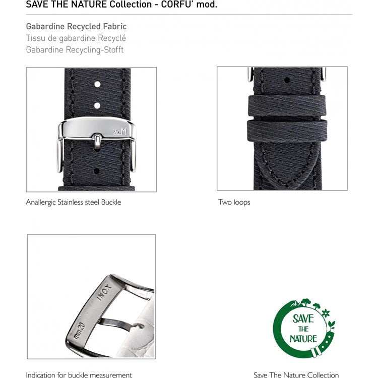 Morellato Corfu recycled fabric watch strap with polished steel buckle.