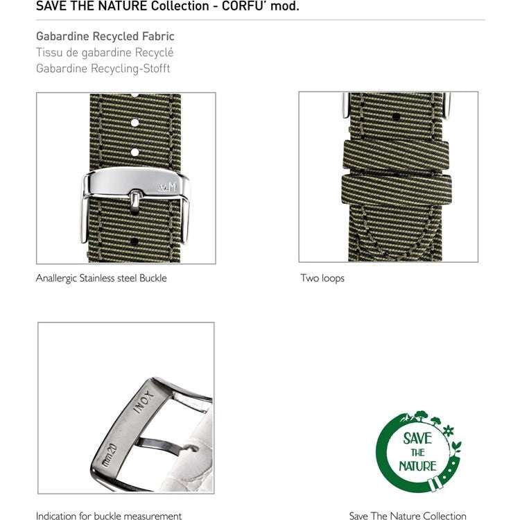 Sustainable recycled fabric watch strap with polished steel buckle.