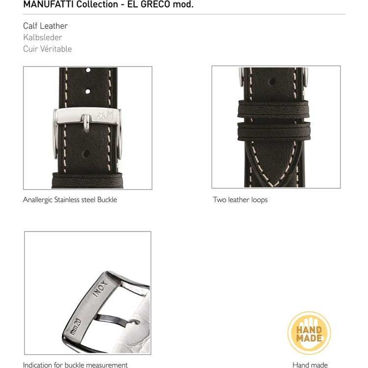 Morellato El Greco Rustic Calfskin Leather Strap with cream stitching, handmade, compatible with vintage and modern watches.