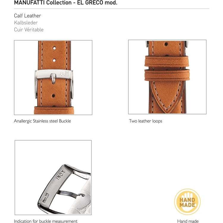 Morellato El Greco rustic calfskin leather strap with cream stitching and stainless steel buckle.