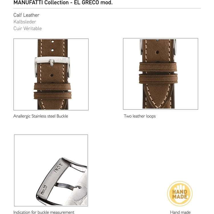 Morellato El Greco Rustic Calfskin Leather Strap with cream stitching, showing buckle and loops.