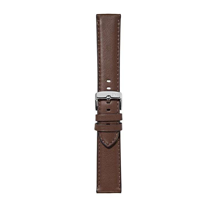 Water-resistant calf leather watch strap with stitched edges and polished buckle.