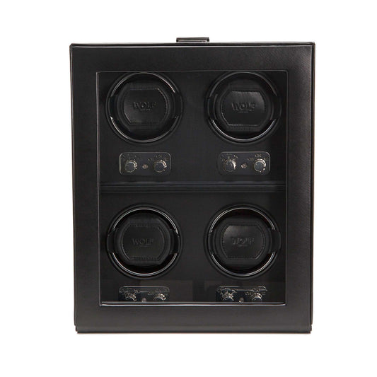 Wolf Heritage 4 Piece Watch Winder 270602 with 4 winding modules, black faux leather, glass cover, and chrome hardware.