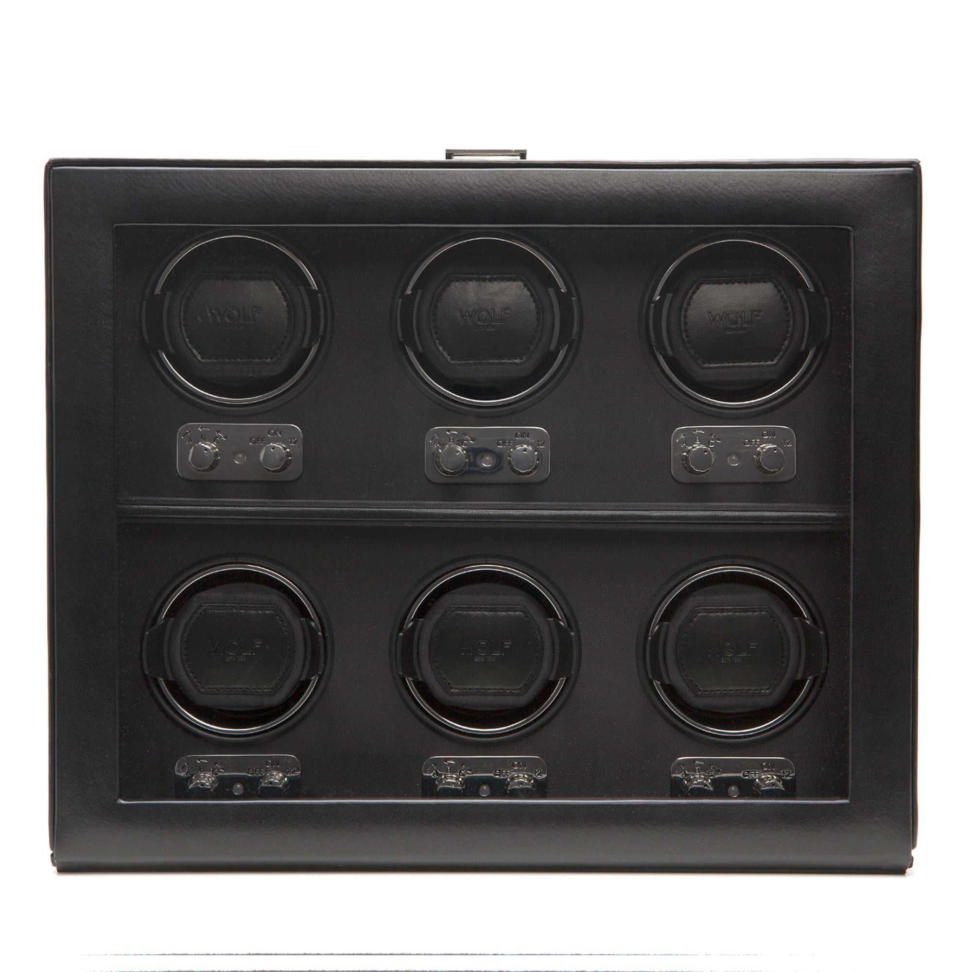 Wolf Heritage 6 Piece Watch Winder with glass display, showcasing six winding modules in black faux leather exterior.