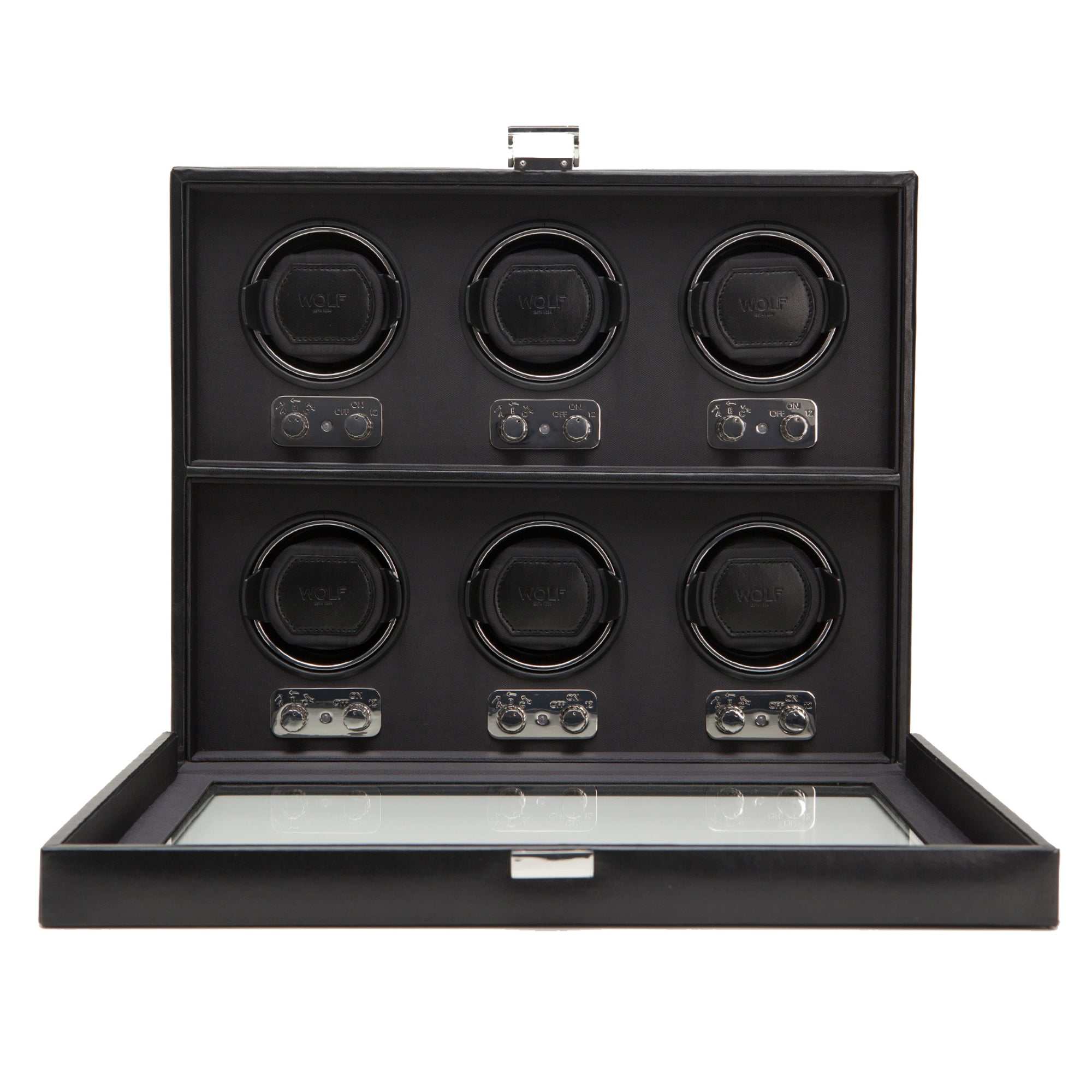 Wolf Heritage 6 Piece Watch Winder with black faux leather, chrome hardware, and glass cover for display.