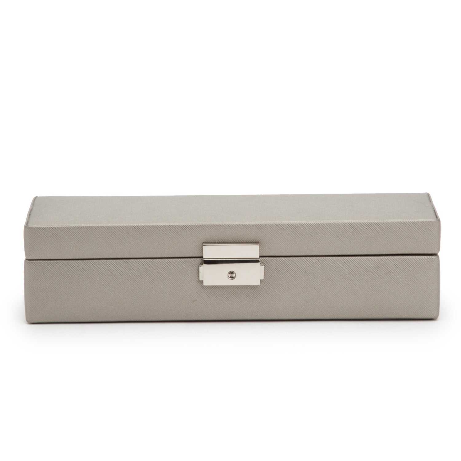 Jewellery BoxWolf Heritage Safe Deposit Jewellery Box Pewter Saffiano 280334Introducing the Wolf Heritage Safe Deposit Jewellery Box in Pewter Saffiano (Model 280334) – a pinnacle of classic style and functional design, providing a secure ha