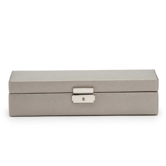 Jewellery BoxWolf Heritage Safe Deposit Jewellery Box Pewter Saffiano 280334Introducing the Wolf Heritage Safe Deposit Jewellery Box in Pewter Saffiano (Model 280334) – a pinnacle of classic style and functional design, providing a secure ha