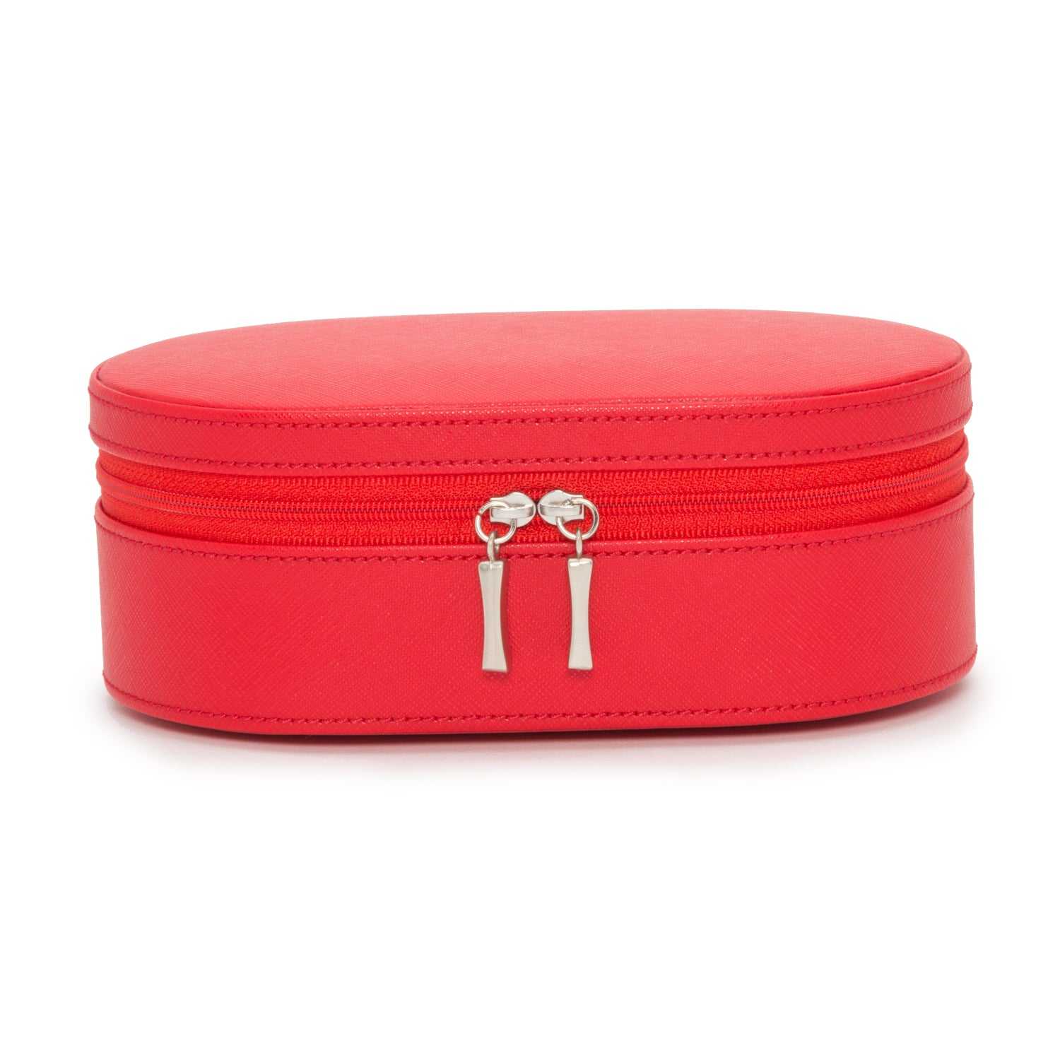 Jewellery BoxWolf Heritage Oval Zip Case Jewellery Box Red Saffiano 280614Introducing the Wolf Heritage Oval Zip Case Jewellery Box in Red Saffiano (Model 280614) – a fusion of classic style and functional ingenuity. Elevate your jewelry s