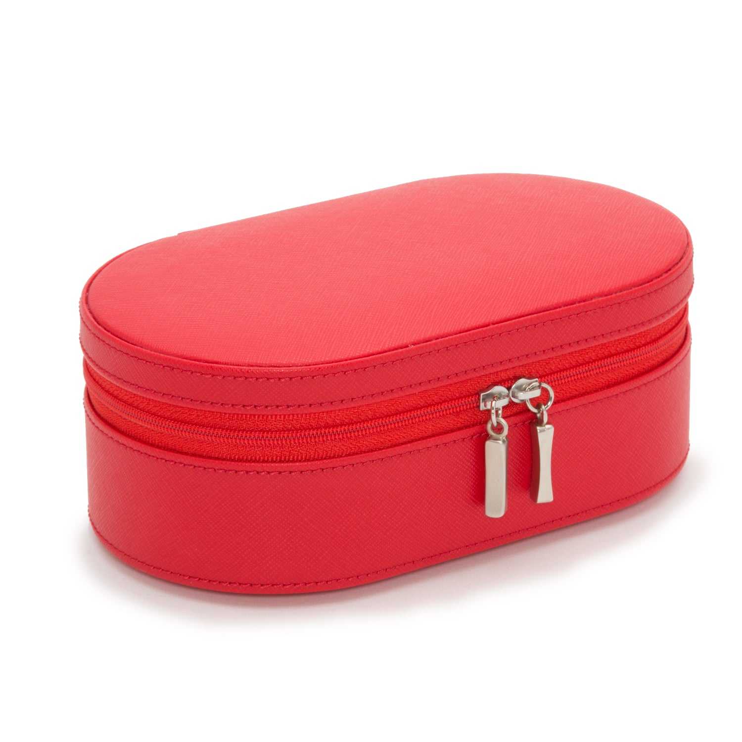 Jewellery BoxWolf Heritage Oval Zip Case Jewellery Box Red Saffiano 280614Introducing the Wolf Heritage Oval Zip Case Jewellery Box in Red Saffiano (Model 280614) – a fusion of classic style and functional ingenuity. Elevate your jewelry s
