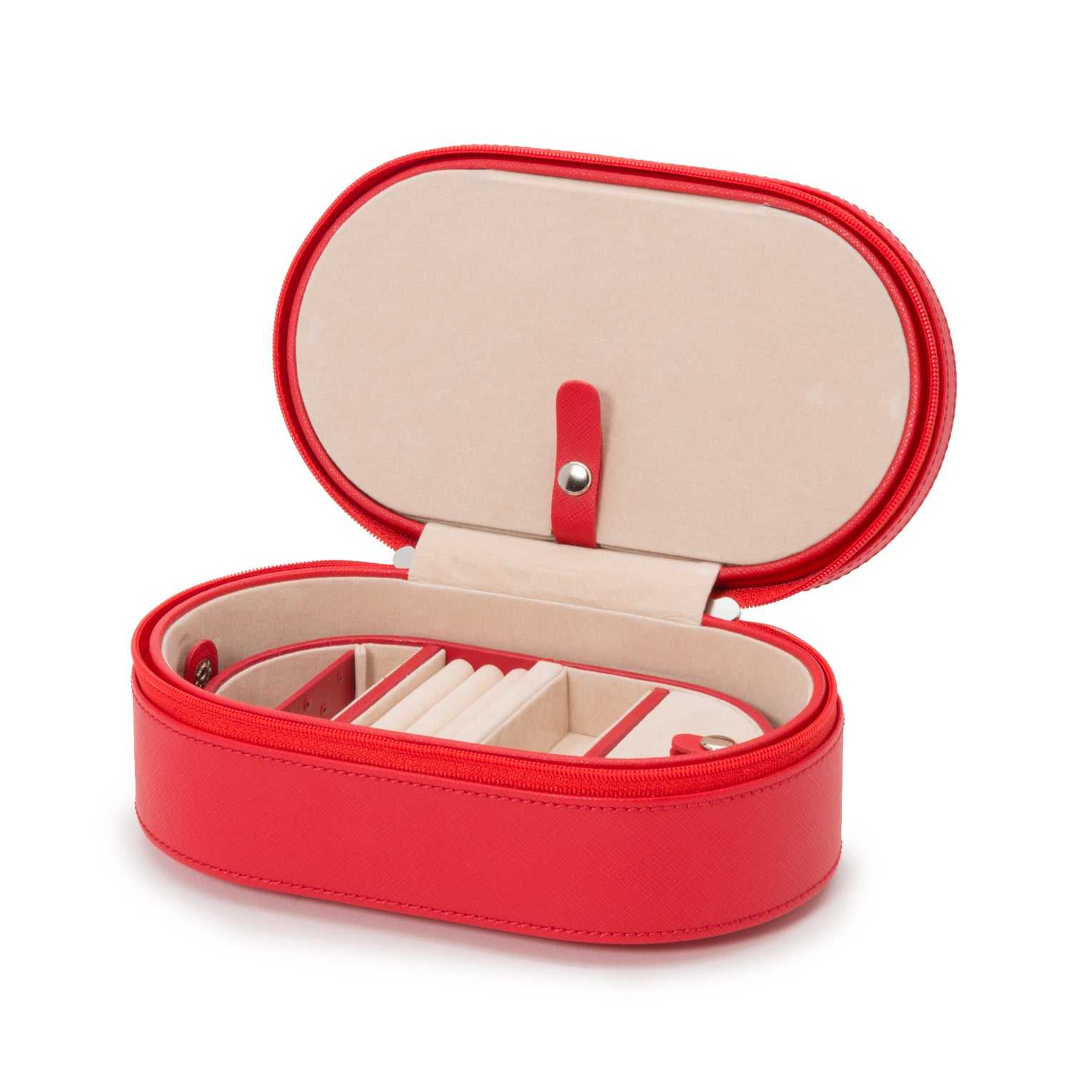 Jewellery BoxWolf Heritage Oval Zip Case Jewellery Box Red Saffiano 280614Introducing the Wolf Heritage Oval Zip Case Jewellery Box in Red Saffiano (Model 280614) – a fusion of classic style and functional ingenuity. Elevate your jewelry s