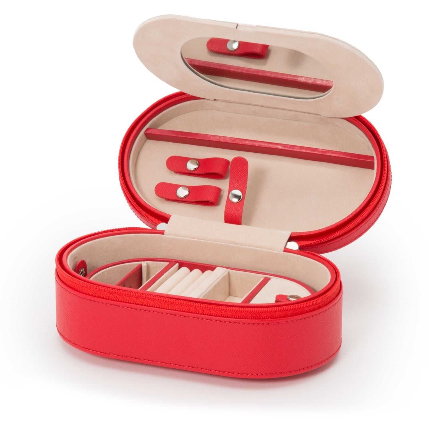 Jewellery BoxWolf Heritage Oval Zip Case Jewellery Box Red Saffiano 280614Introducing the Wolf Heritage Oval Zip Case Jewellery Box in Red Saffiano (Model 280614) – a fusion of classic style and functional ingenuity. Elevate your jewelry s