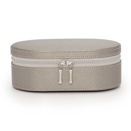 Jewellery BoxWolf Heritage Oval Zip Case Jewellery Box Pewter Saffiano 280634Introducing the Wolf Heritage Oval Zip Case Jewellery Box in Pewter Saffiano (Model 280634) – a harmonious blend of classic style and functional design. This excepti