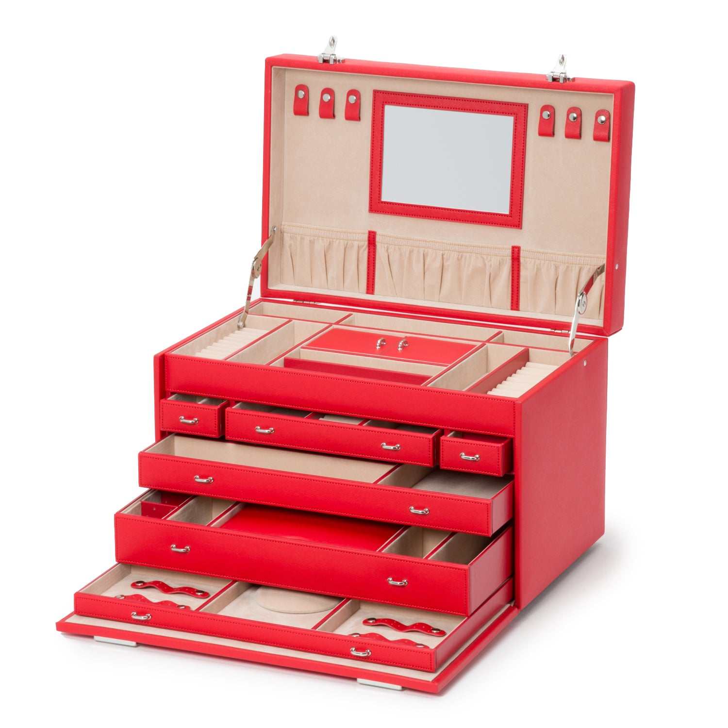 Jewellery BoxWolf Heritage Jewellery Armoire Red Saffiano 280814Introducing the Wolf Heritage Jewellery Armoire in striking Red Saffiano (Model: 280814) – an embodiment of unique style harmoniously blended with functional design.