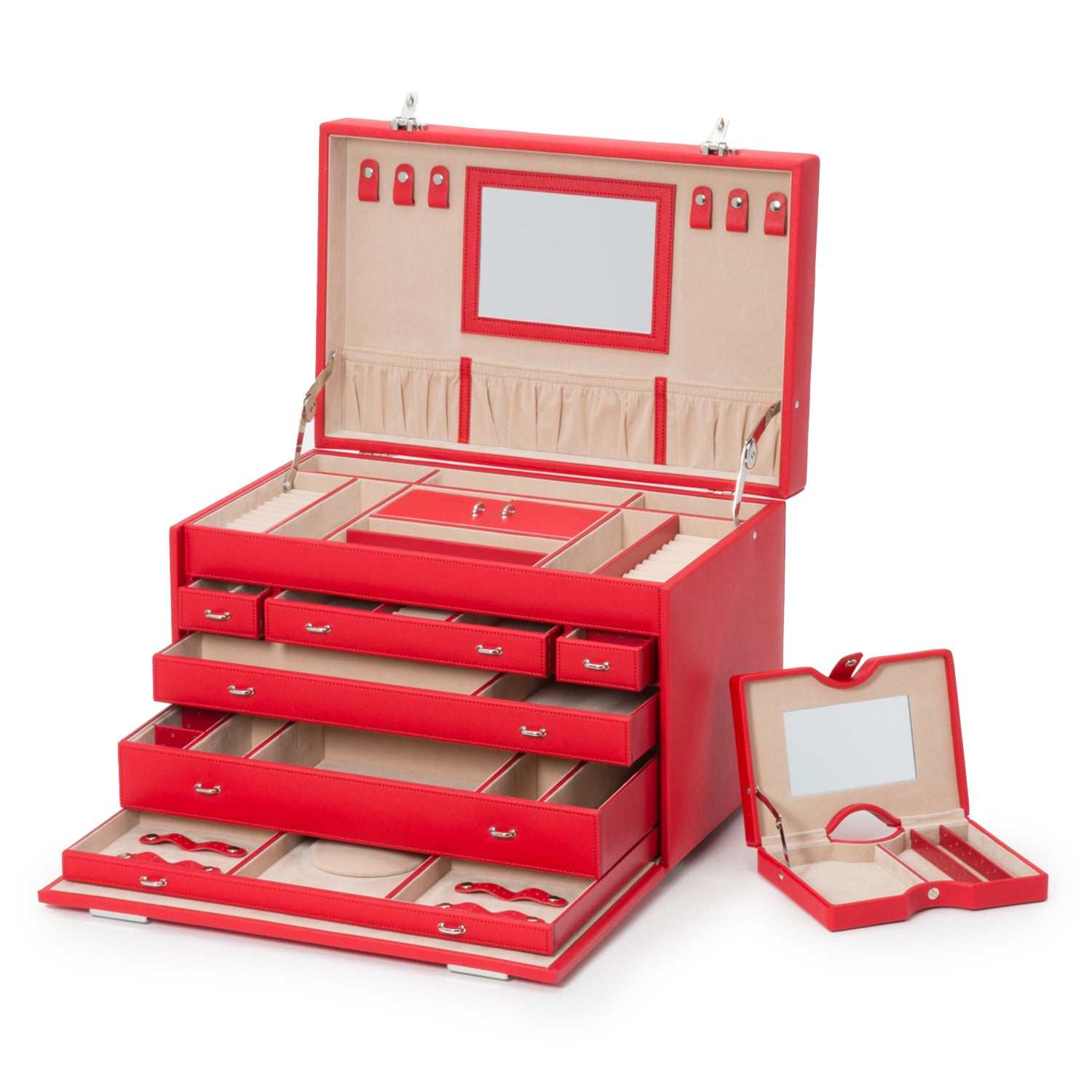 Jewellery BoxWolf Heritage Jewellery Armoire Red Saffiano 280814Introducing the Wolf Heritage Jewellery Armoire in striking Red Saffiano (Model: 280814) – an embodiment of unique style harmoniously blended with functional design.