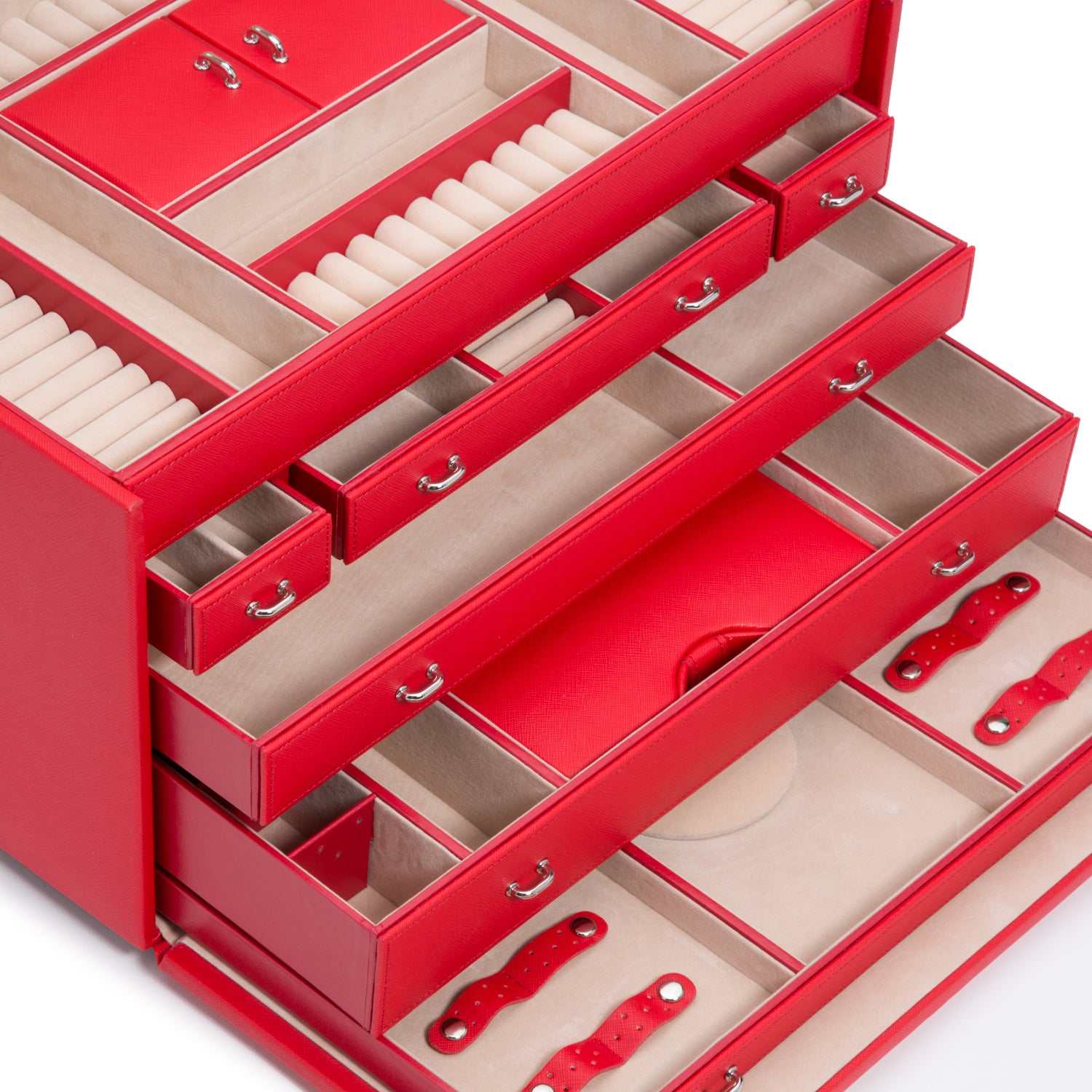 Jewellery BoxWolf Heritage Jewellery Armoire Red Saffiano 280814Introducing the Wolf Heritage Jewellery Armoire in striking Red Saffiano (Model: 280814) – an embodiment of unique style harmoniously blended with functional design.