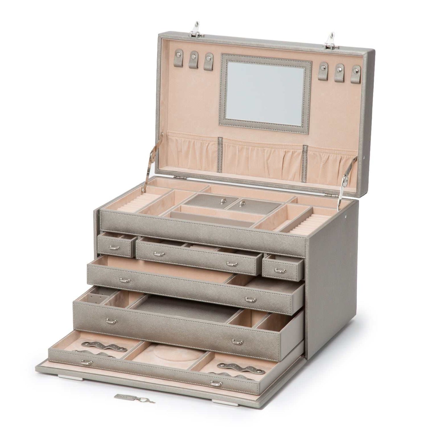 Jewellery BoxWolf Heritage Jewelry Armoire Pewter Saffiano 280834Introducing the 280834 Wolf Heritage Jewelry Armoire in sophisticated Pewter Saffiano – a stunning blend of unique style and functional design. Elevate your jewelry