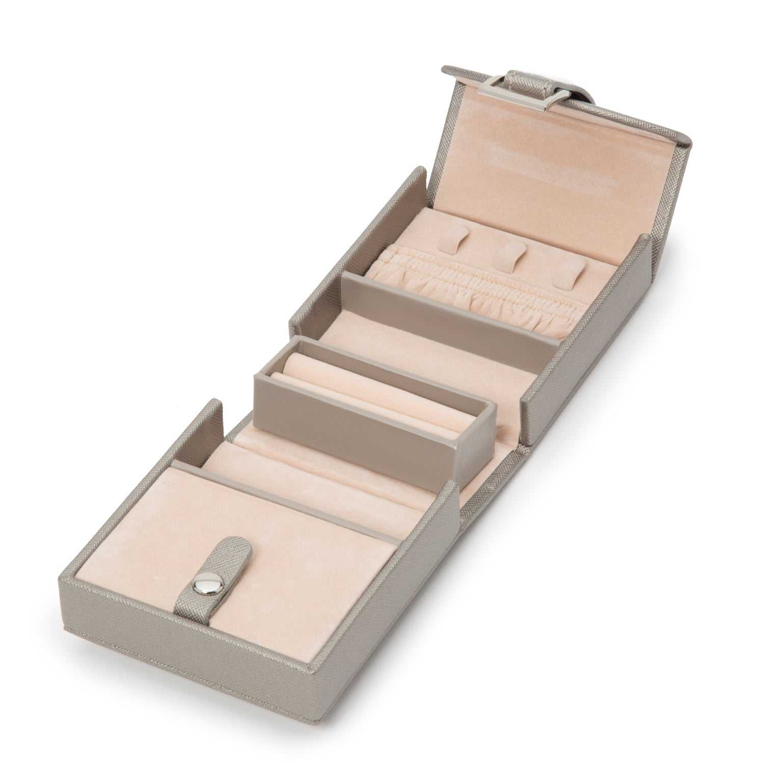 Jewellery BoxWolf Heritage Fold-Out Travel Pewter Saffiano Jewellery Box 281234Introducing the Wolf Heritage Fold-Out Travel Pewter Saffiano Jewellery Box – where classic design meets vibrant elegance in a chic pewter finish. Elevate your jewel