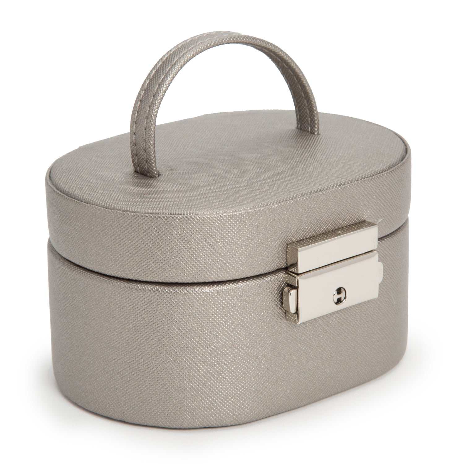 Jewellery BoxWolf Heritage Mini Oval Jewellery Box Pewter Saffiano 281434Introducing the Wolf Heritage Mini Oval Jewellery Box in Pewter Saffiano (Model 281434) – a compact masterpiece within the esteemed Heritage Collection. This mini ov