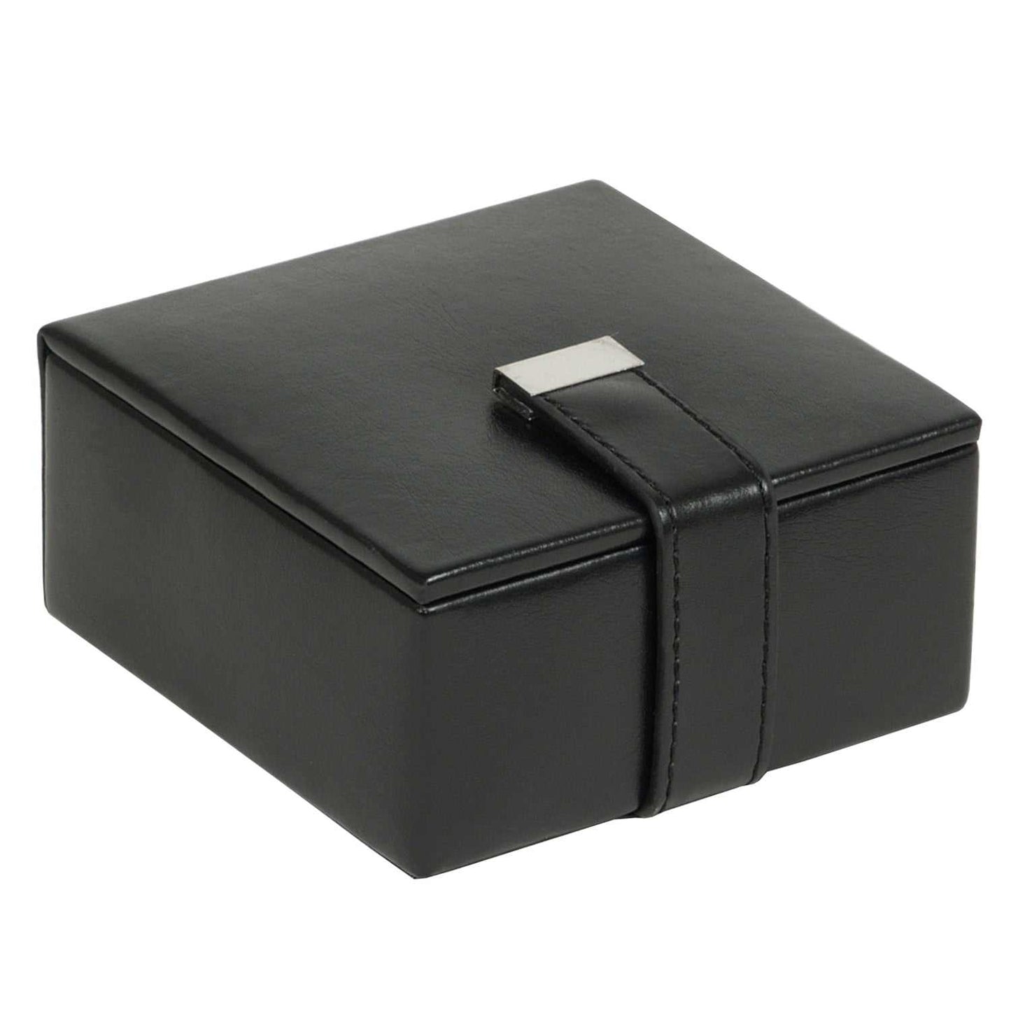 Luxurious black vegan leather cufflink box with latch closure and chrome-finished hardware.