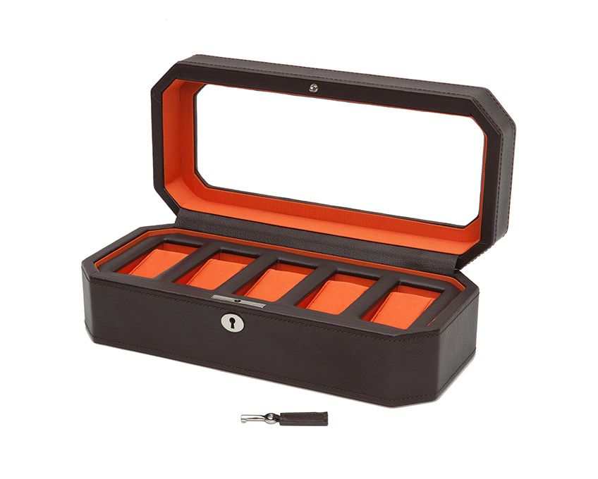 watch boxesWolf Heritage Windsor 5 Piece Watch Box Brown/Orange 458306Introducing the Wolf Heritage Windsor 5 Piece Watch Box in Brown/Orange (Model 458306) – a stylish and functional accessory meticulously crafted to showcase and orga