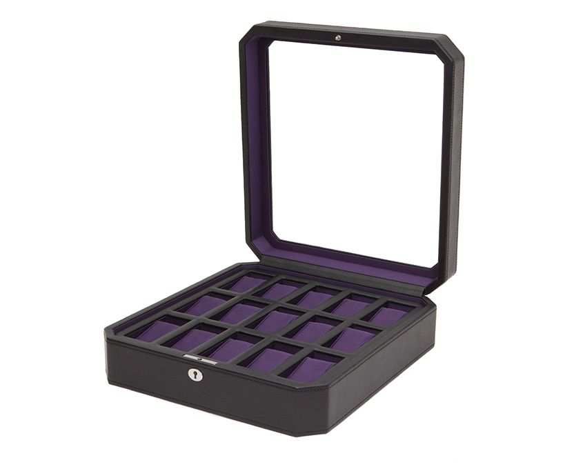 watch boxesWolf Heritage Windsor 15 Piece Watch Box Black/Purple 458503Introducing the Wolf Heritage Windsor 15 Piece Watch Box in Black/Purple (Model 458503) – a stylish and functional accessory meticulously crafted to showcase and org