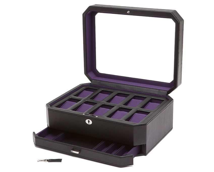 Wolf Heritage Windsor 10 Piece Watch Box with Drawer Black/Purple 458603