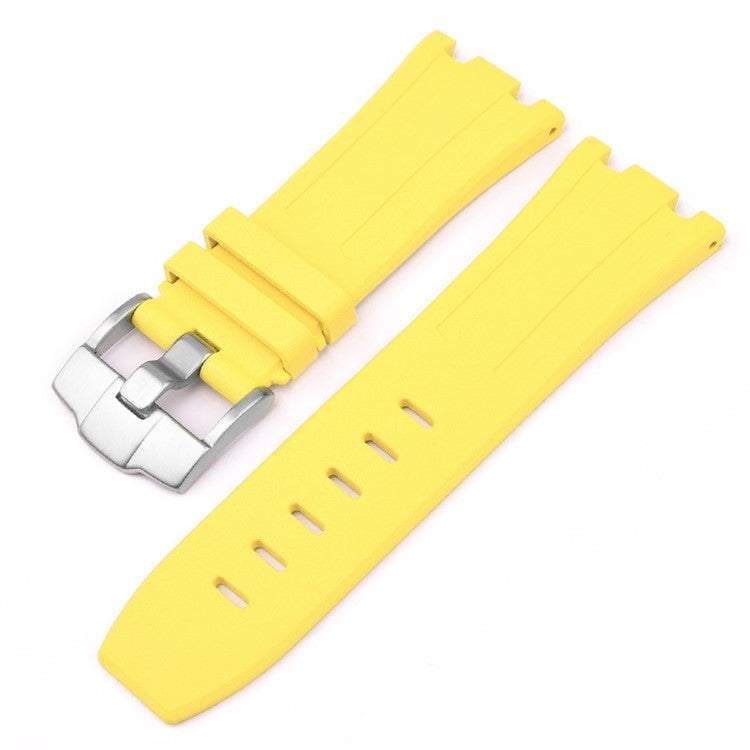 Yellow premium FKM rubber watch strap compatible with Audemars Piguet Royal Oak, featuring a silver buckle.
