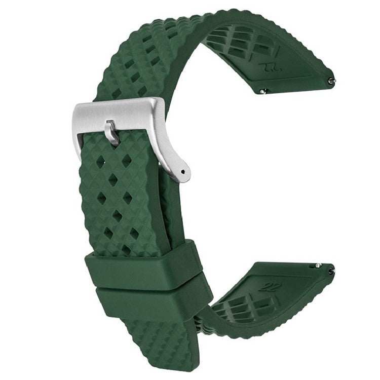 Green FKM rubber watch strap with grid texture and steel buckle.