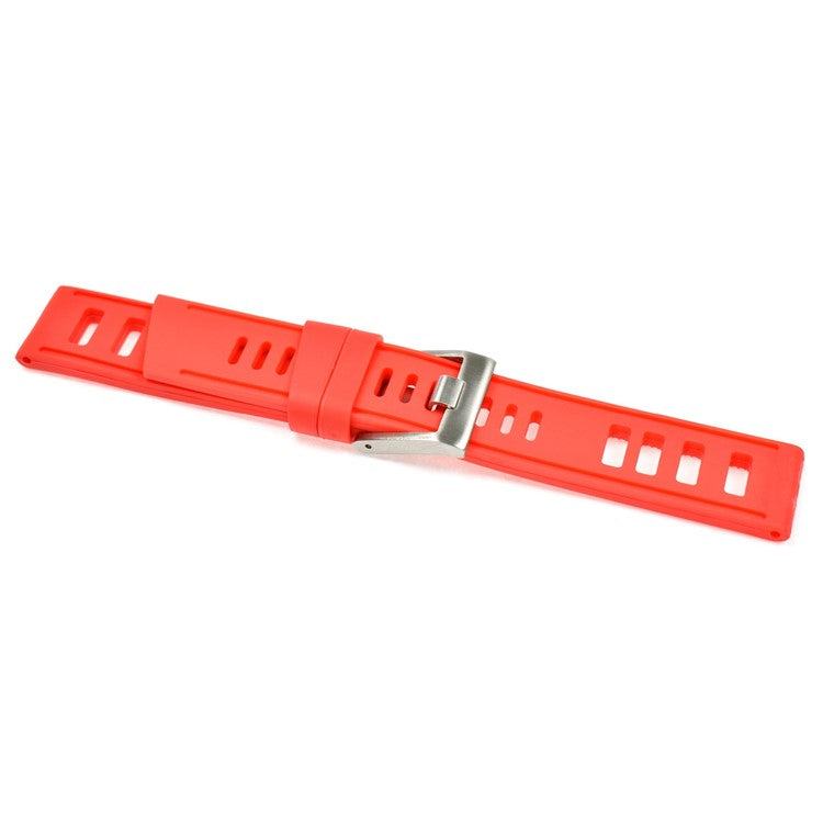 Red silicone watch strap with cut-out design and stainless steel buckle.