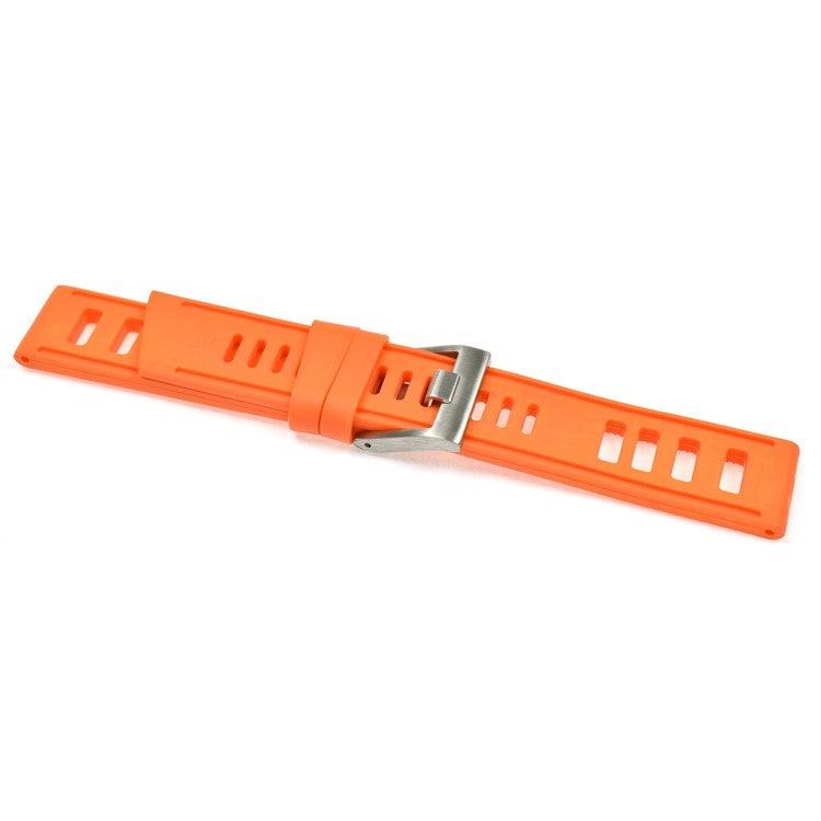 Premium sports divers silicone watch strap with cut-out design in vibrant orange, featuring a brushed stainless steel pin buckle.
