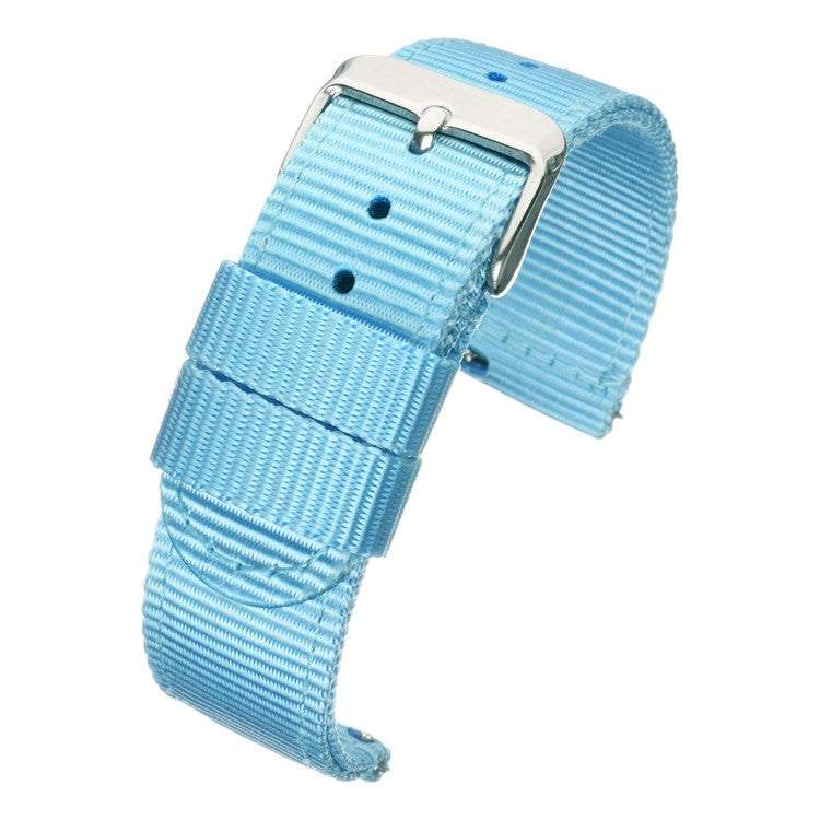 Light blue quick release nylon watch strap with polished square steel buckle.