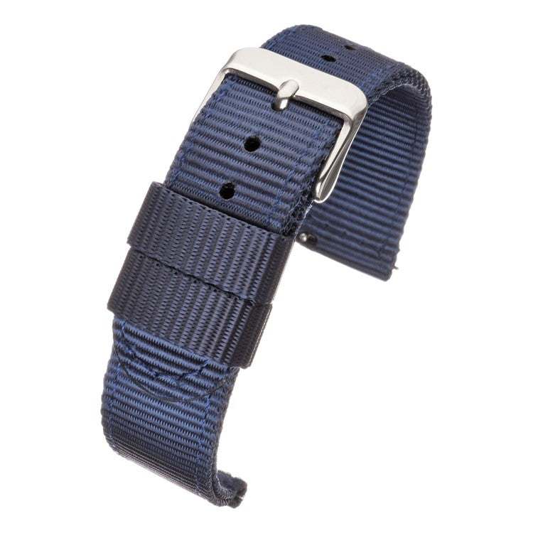Quick release nylon watch strap in blue with polished square steel buckle, lightweight and durable for active lifestyles.